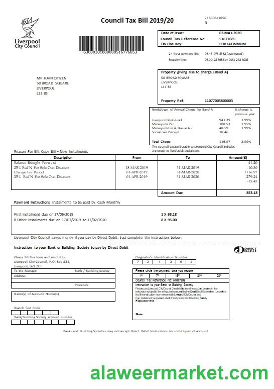 United Kingdom Liverpool City Council tax bill template in Word format